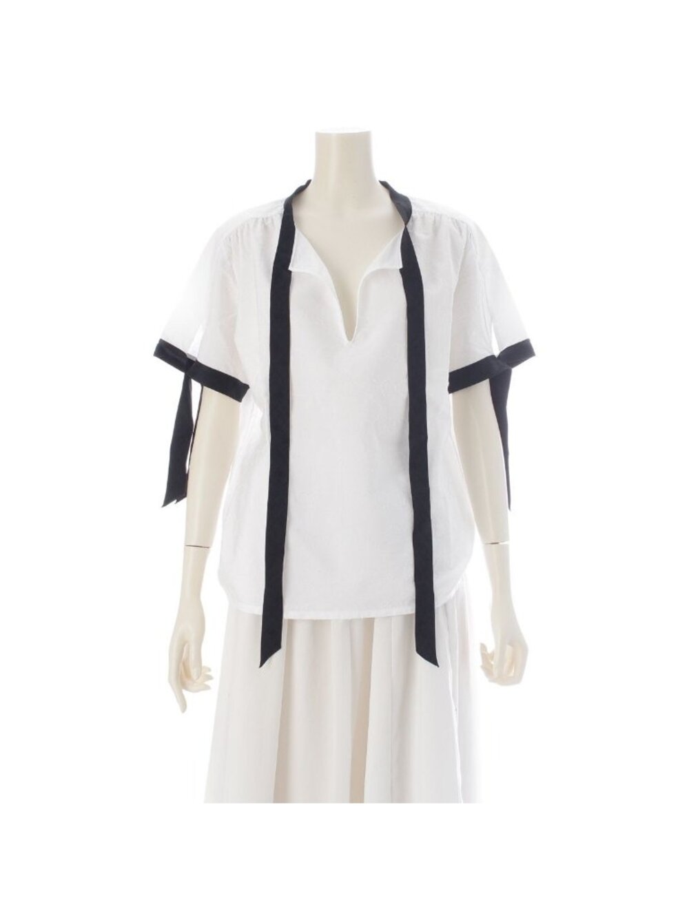 Chanel CC Logo Bow Tie Ribbon Short Sleeve Blouse Top Black White 38